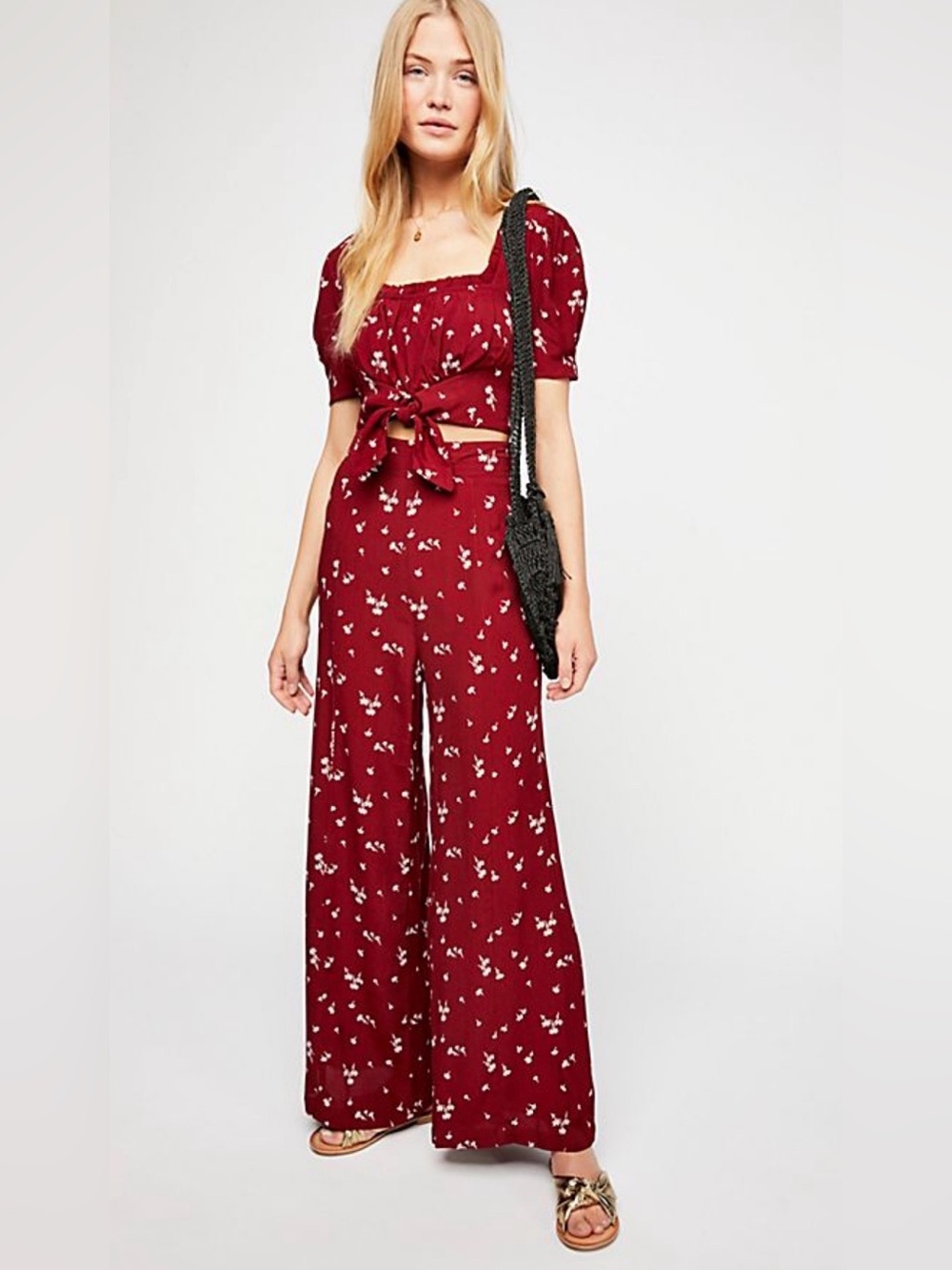Free People You and Me Floral Tie Front Crop Top & Wide Leg Pants Set Sz 8